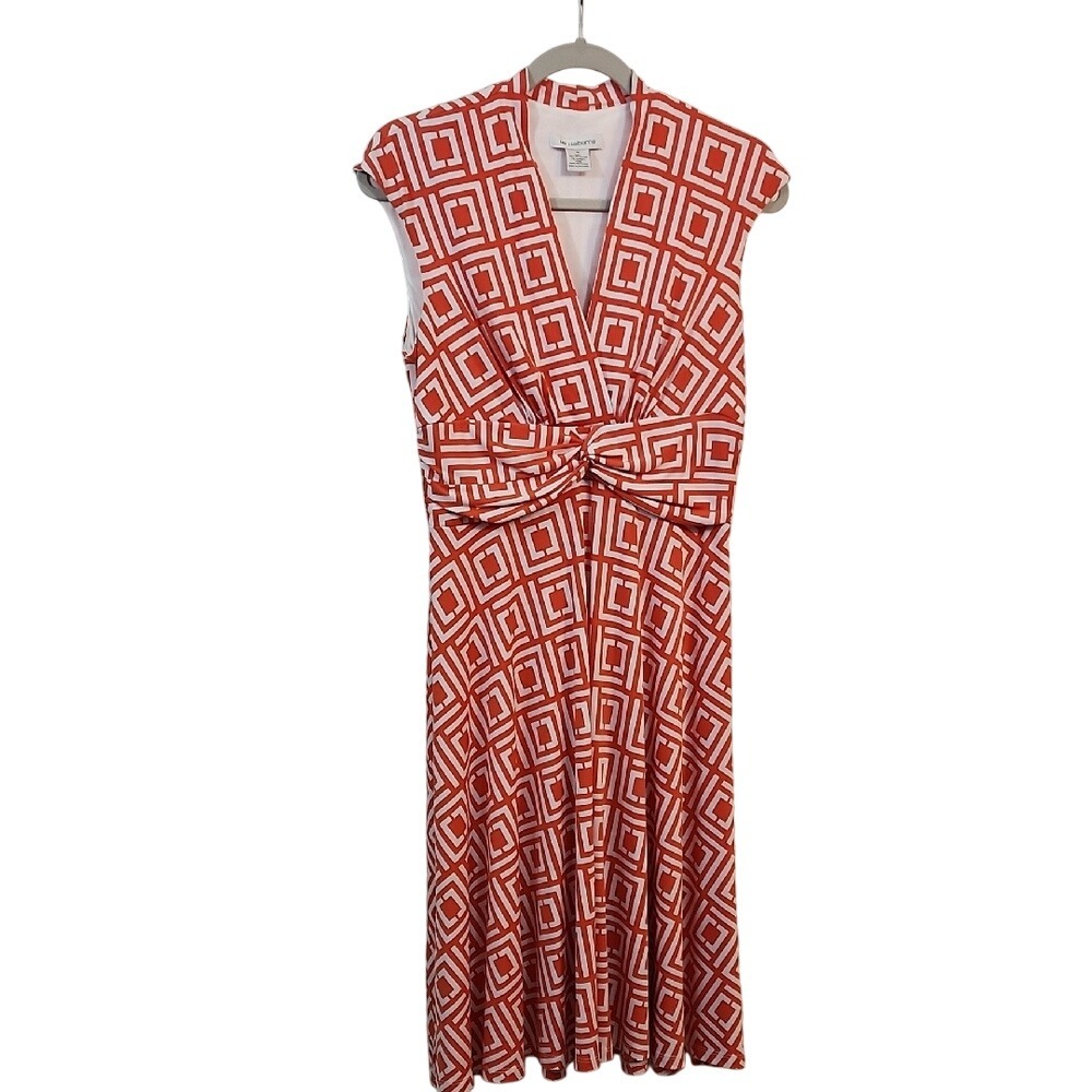 Liz Claiborne Dress 10‎ Orange Geometric Print V Neck Sleeveless